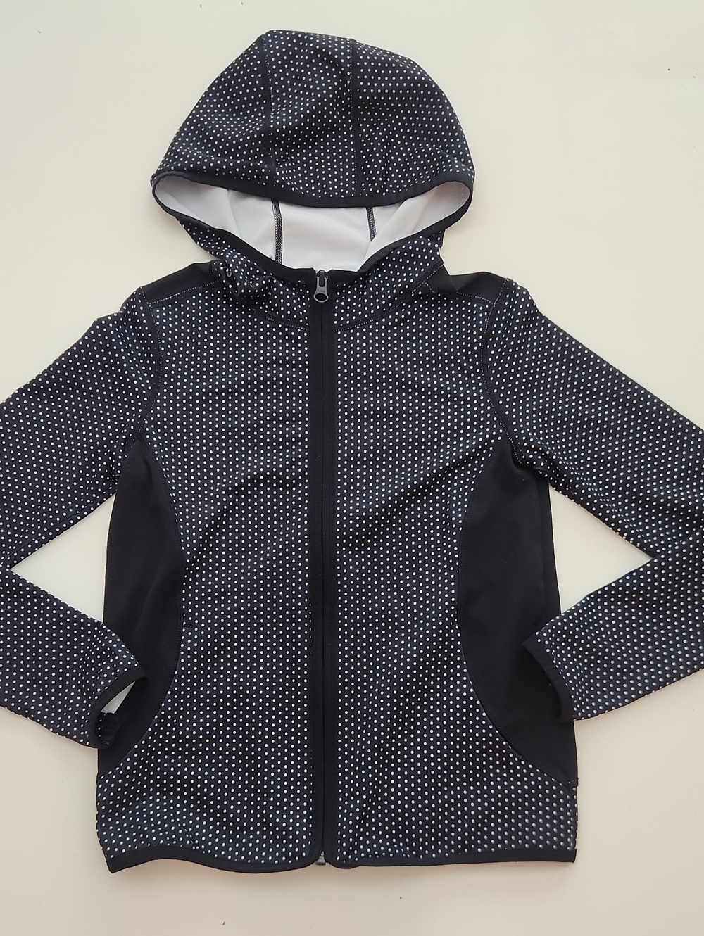 Z By Zella Polka Dot Full Zip Hooded Jacket Black White Geometric Print Size 8